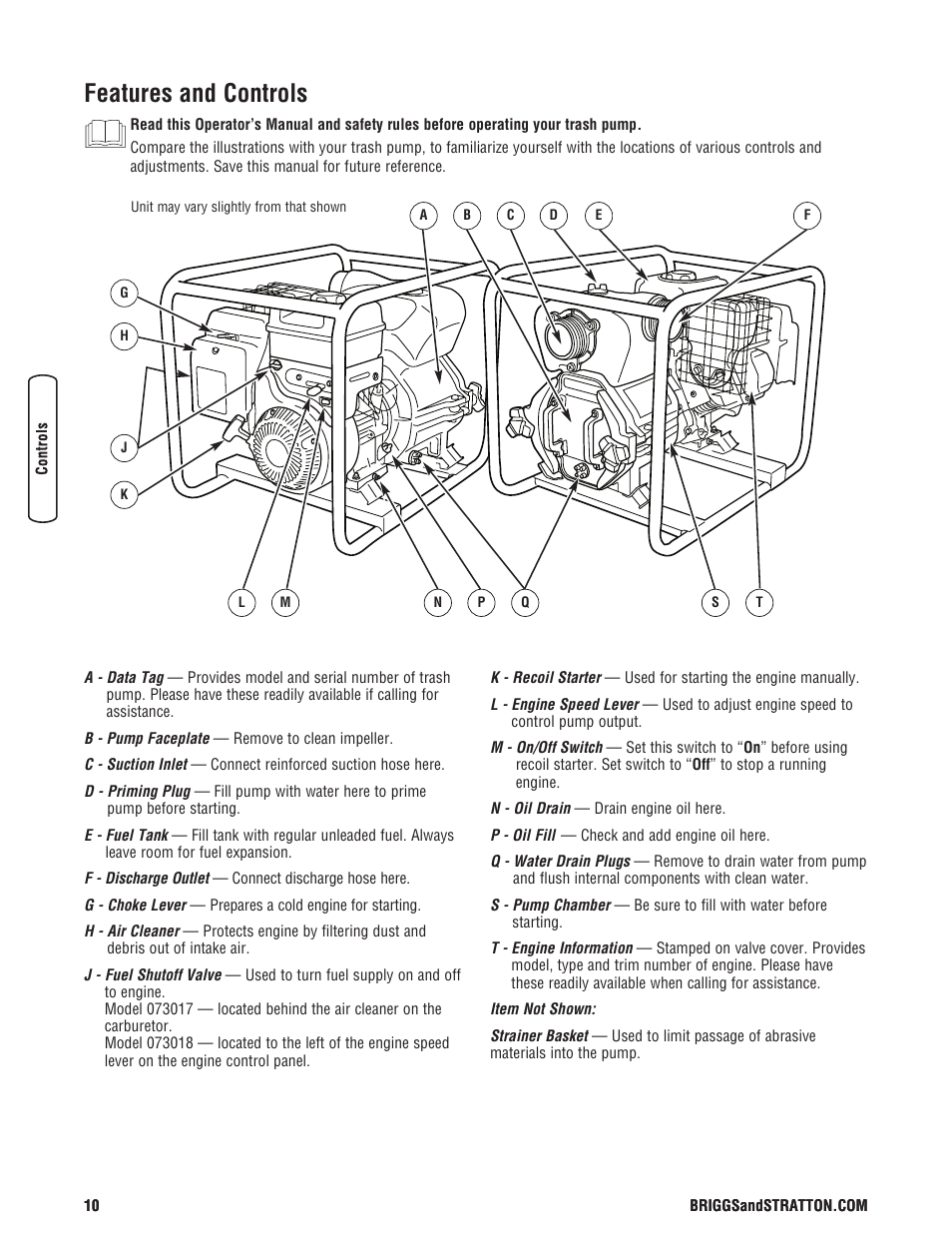 Consideraciones para un uso, Colocación de la bomba de re, Pour un fonctionnement sécur | Déplacement de la pompe vers, Features and controls | Briggs & Stratton 073017 User Manual | Page 10 / 72