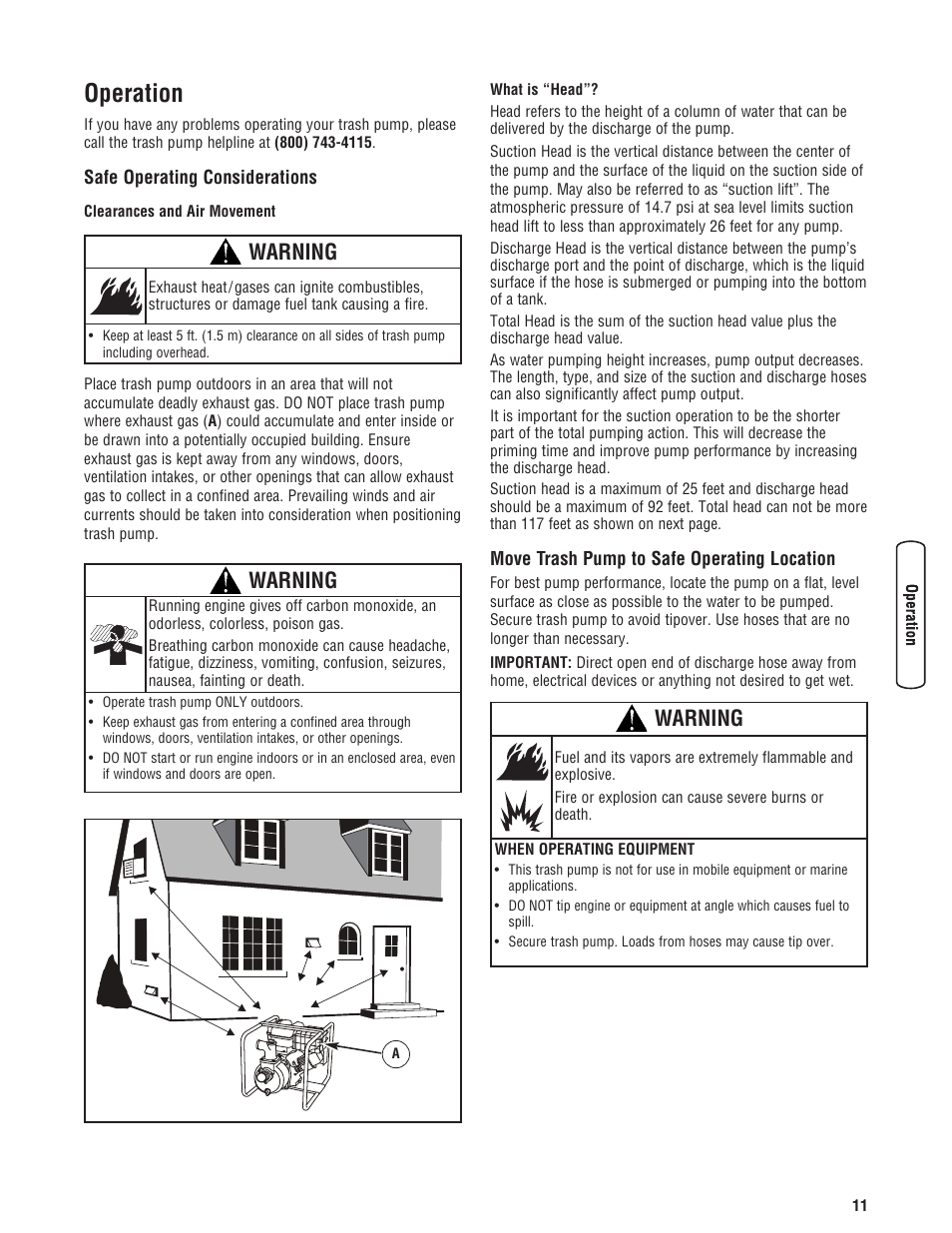 Cebado de la bomba de residuo, Colocación de la cesta del f, Amorçage de la pompe à résidu | Localisation du panier-filtr, Operation, Warning | Briggs & Stratton 073017 User Manual | Page 11 / 72