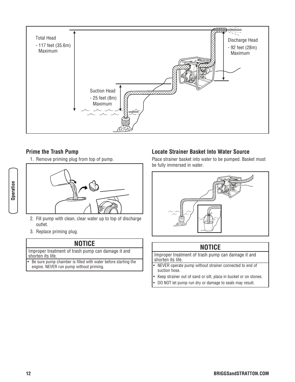 Puesta en marcha de la bomba, Parada de la bomba de residuo, Démarrage de la pompe à résidu | Arrêt de la pompe à résidu, Trash pump, Notice | Briggs & Stratton 073017 User Manual | Page 12 / 72