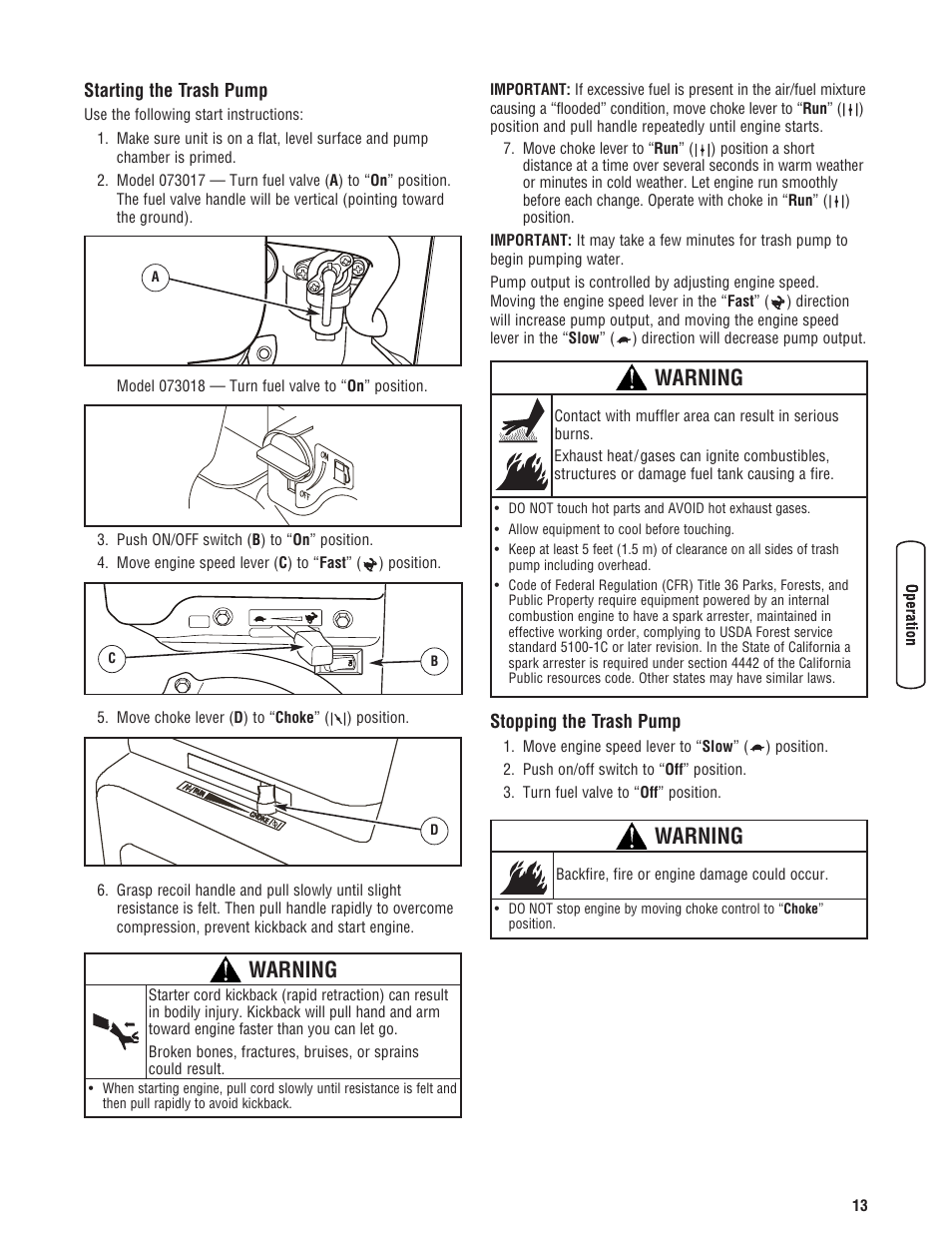 Warning | Briggs & Stratton 073017 User Manual | Page 13 / 72