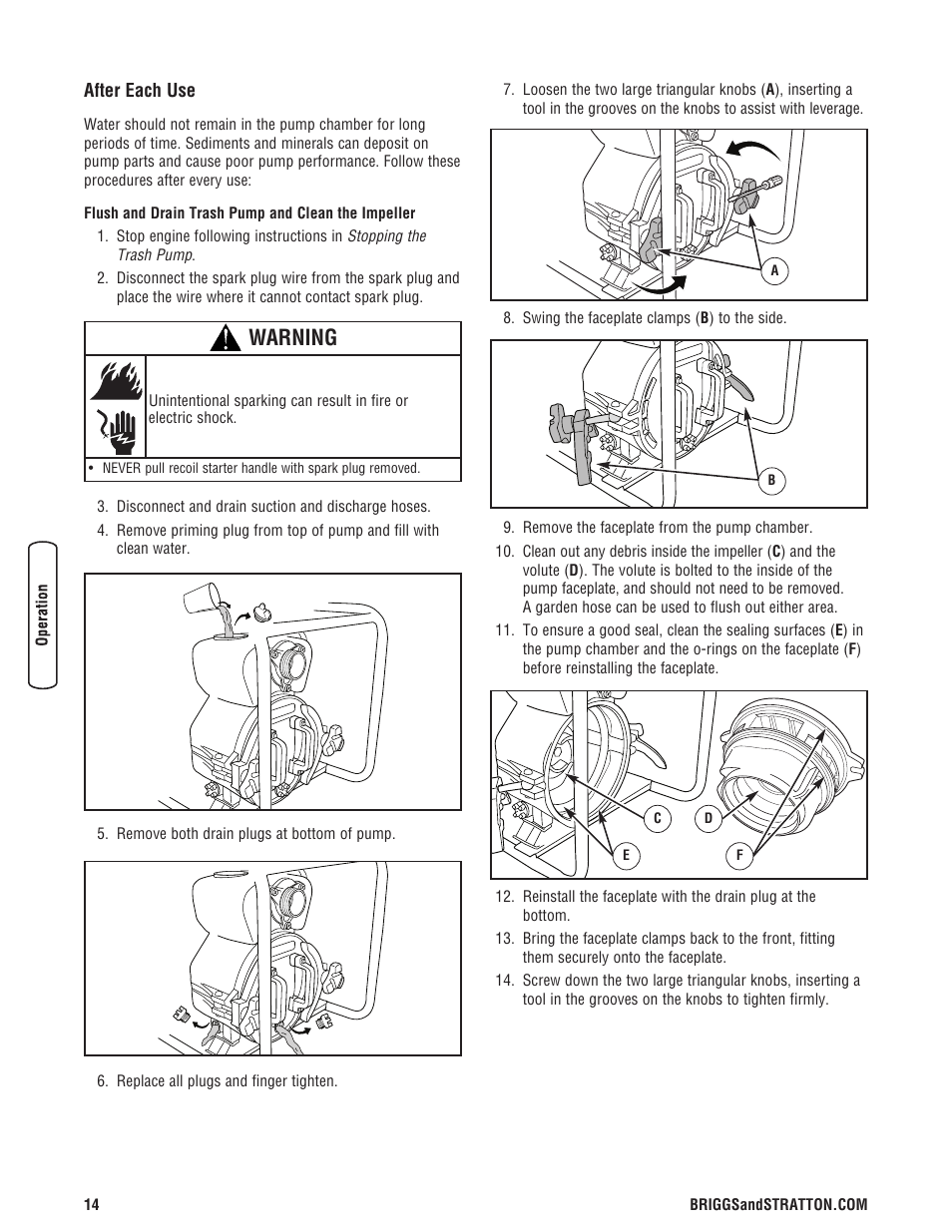 Plan de mantenimient, Mantenimiento del bomba de r, Calendrier d'entretie | Entretien du pompe à résidu, Warning | Briggs & Stratton 073017 User Manual | Page 14 / 72
