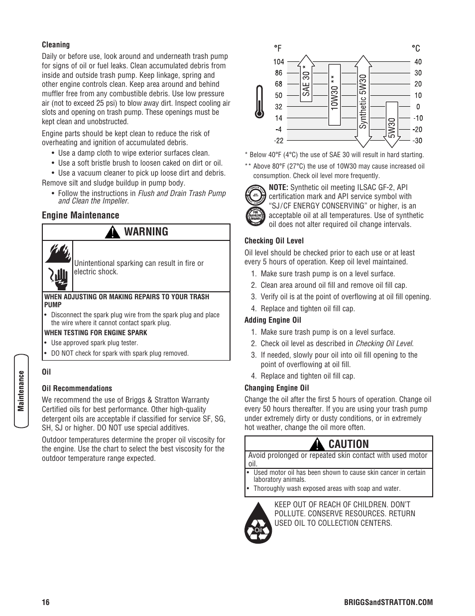 Maintenance, Warning, Caution | Briggs & Stratton 073017 User Manual | Page 16 / 72