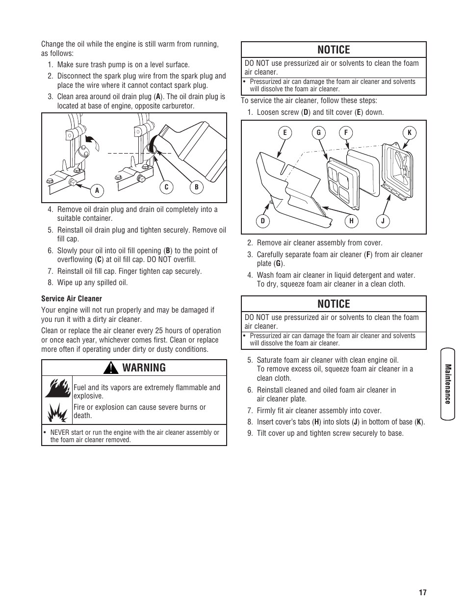 Engine maintenance, Notice, Warning | Briggs & Stratton 073017 User Manual | Page 17 / 72