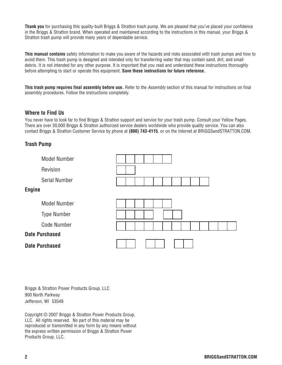 Briggs & Stratton 073017 User Manual | Page 2 / 72