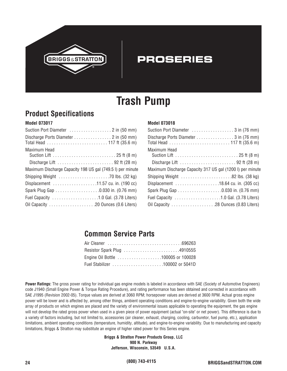 Especificaciones del producto, Servicio común despide, Caractéristiques du produit | Pièces d’entretien courant, Trash pump, Product specifications, Common service parts | Briggs & Stratton 073017 User Manual | Page 24 / 72