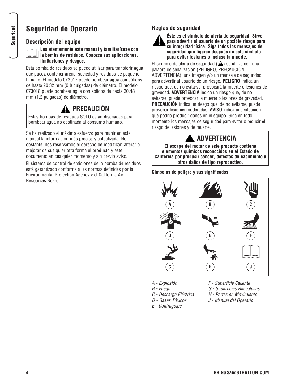 Seguridad de operario, Precaución, Advertencia | Briggs & Stratton 073017 User Manual | Page 28 / 72