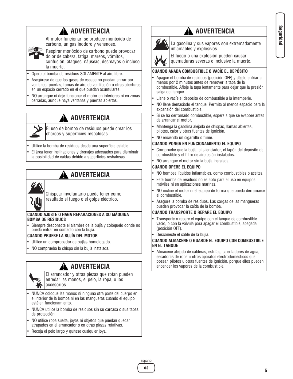 Advertencia | Briggs & Stratton 073017 User Manual | Page 29 / 72