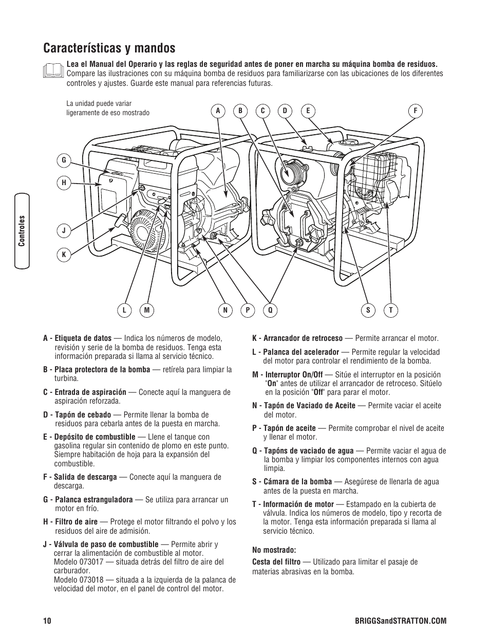 Características y mandos | Briggs & Stratton 073017 User Manual | Page 34 / 72