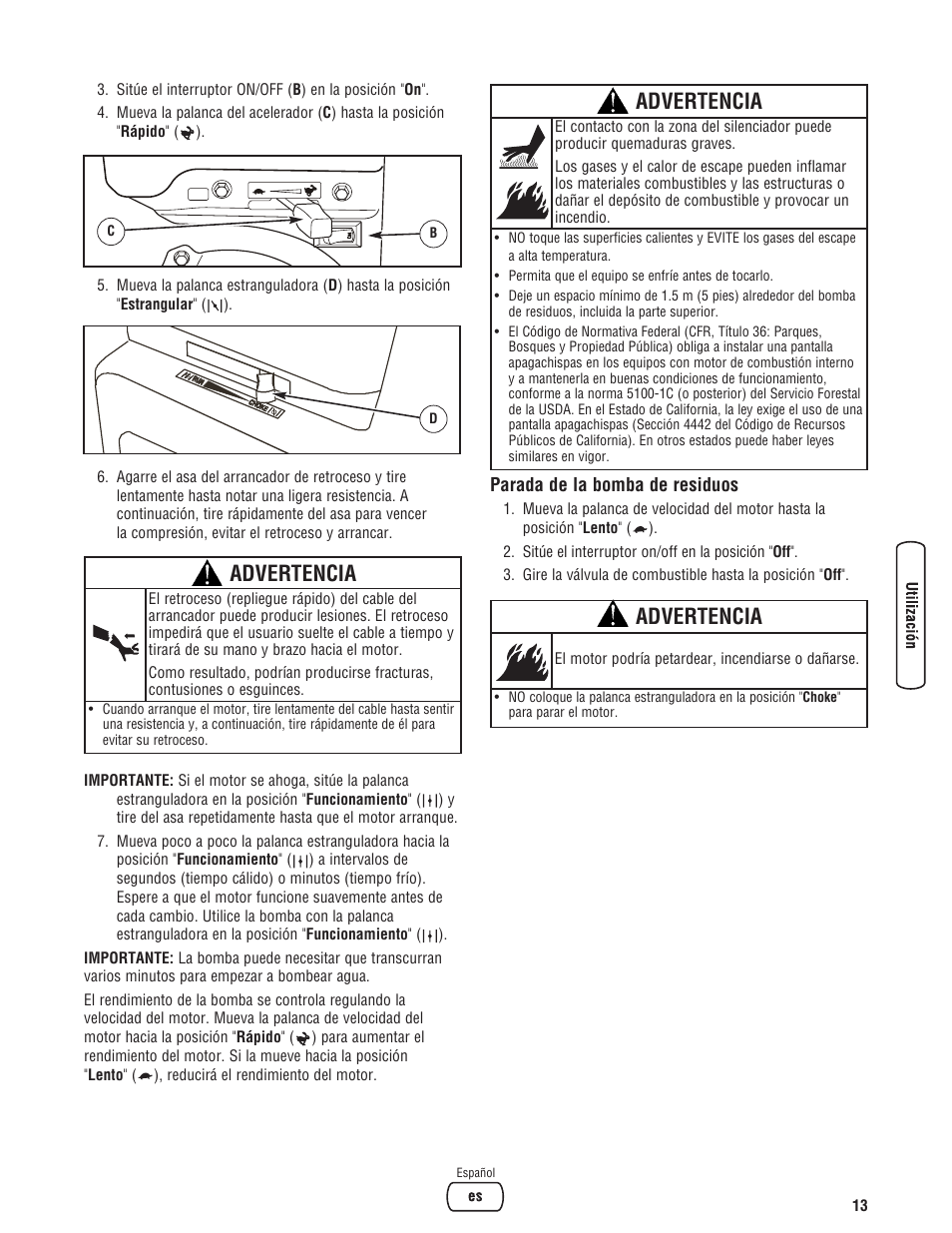 Advertencia | Briggs & Stratton 073017 User Manual | Page 37 / 72