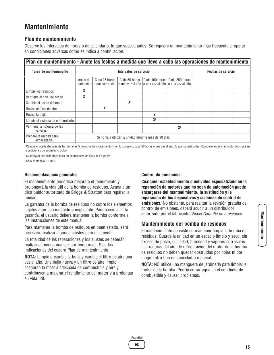 Mantenimiento, Plan de mantenimiento, Mantenimiento del bomba de residuos | Briggs & Stratton 073017 User Manual | Page 39 / 72