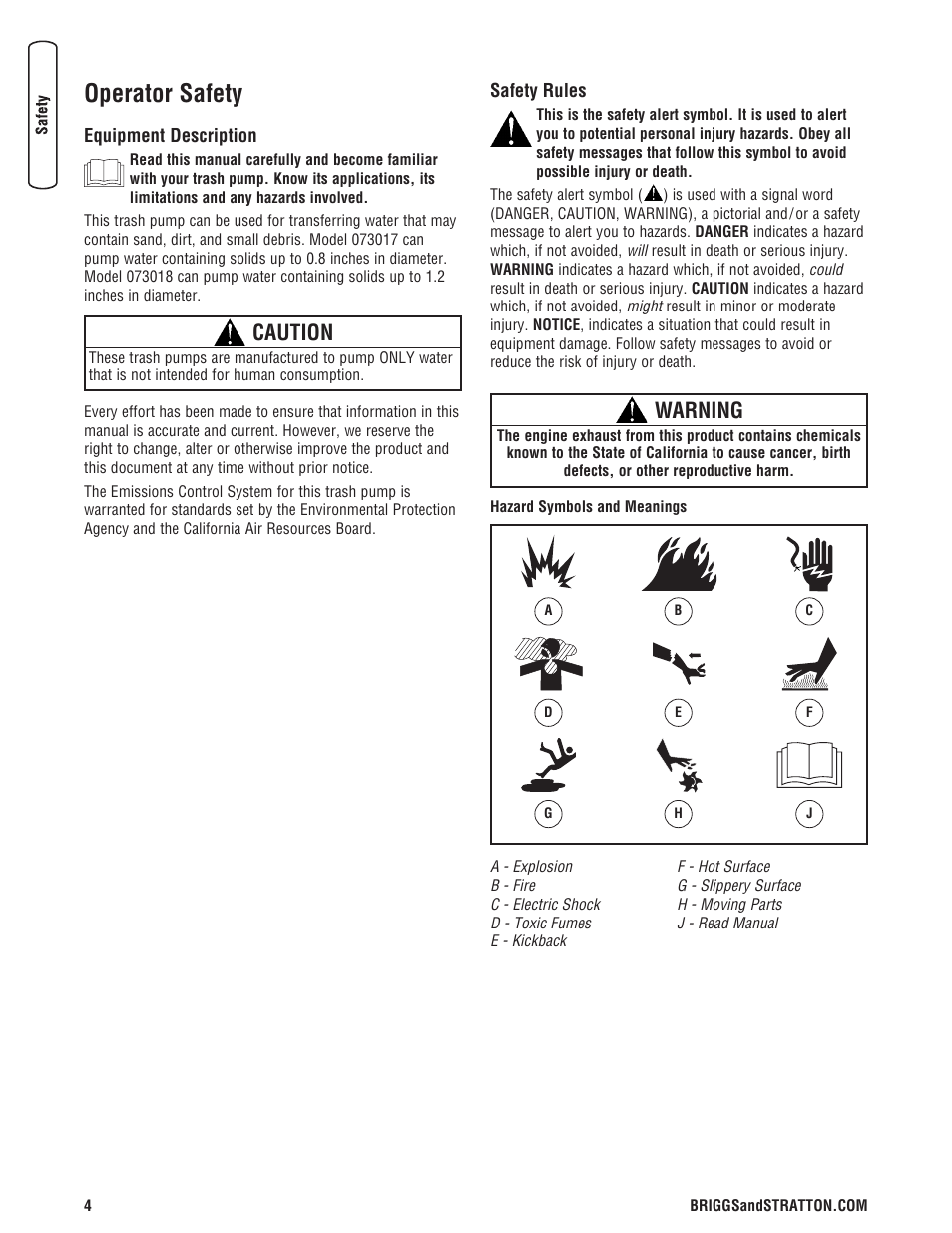Seguridad de operario, Descripción del equipo, Reglas de seguridad | Sécurité de l’opérateur, Description de l équipement, Règles de sécurité, Operator safety, Warning, Caution | Briggs & Stratton 073017 User Manual | Page 4 / 72