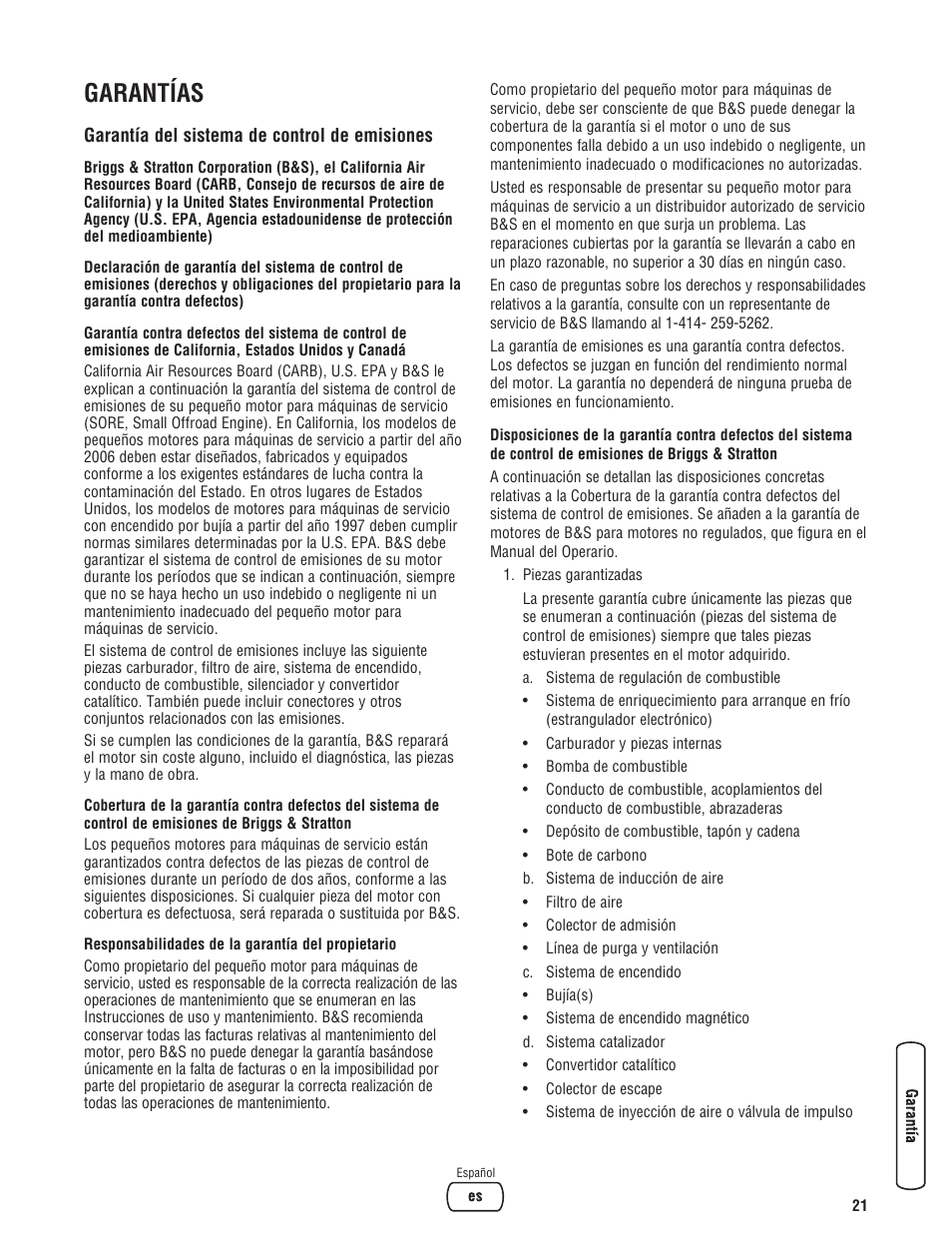 Garantías | Briggs & Stratton 073017 User Manual | Page 45 / 72