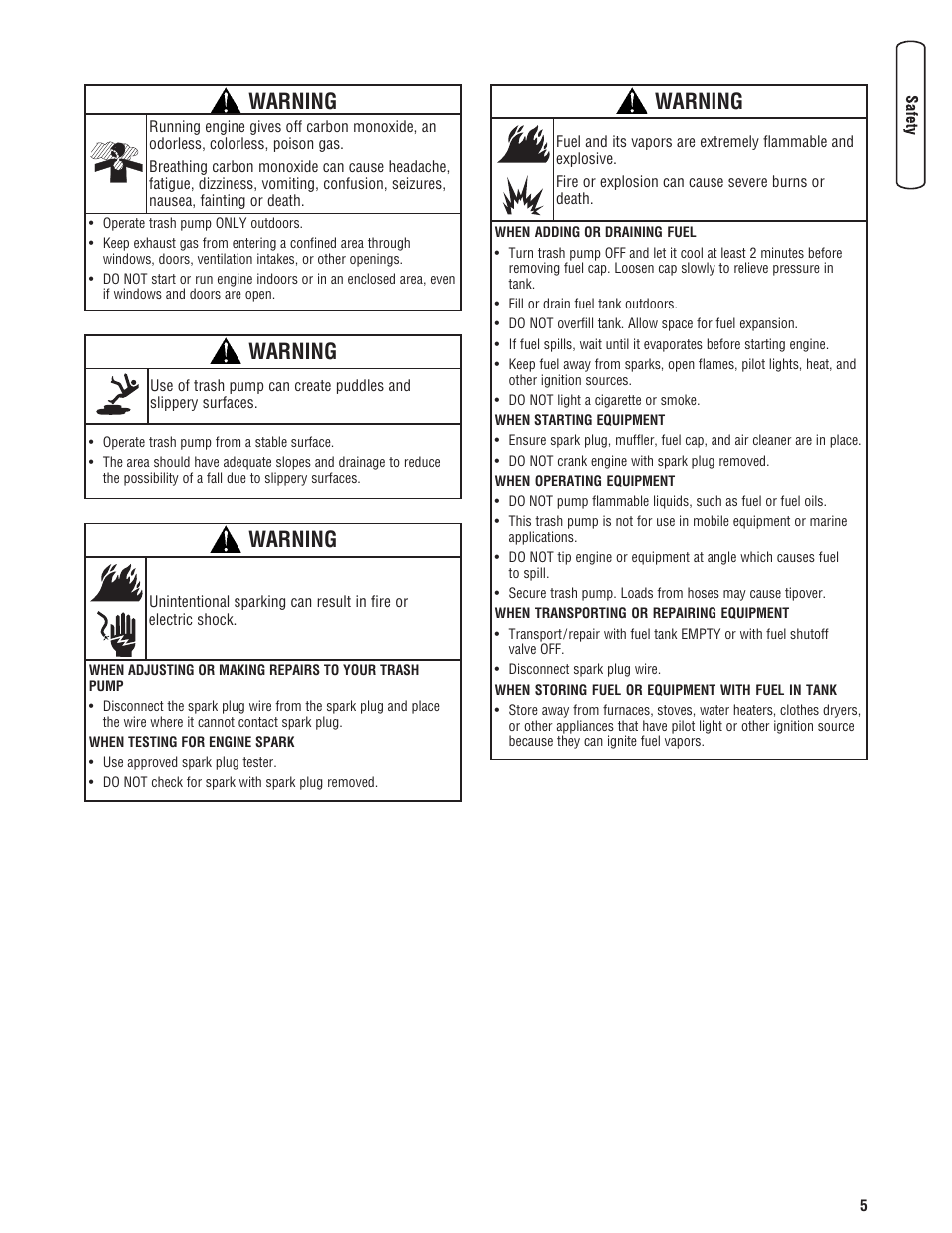 Warning | Briggs & Stratton 073017 User Manual | Page 5 / 72