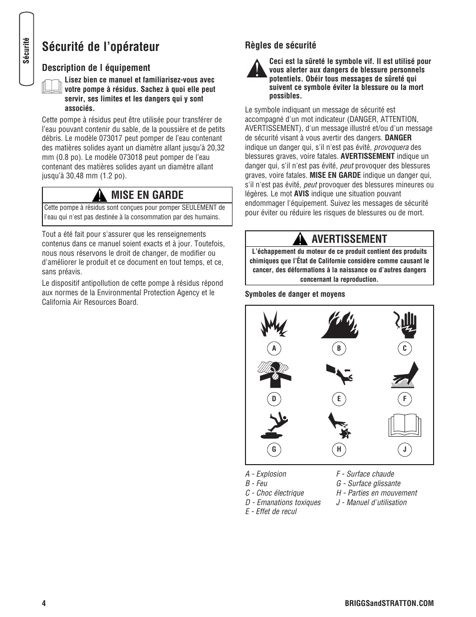 Sécurité de l’opérateur, Mise en garde, Avertissement | Briggs & Stratton 073017 User Manual | Page 52 / 72