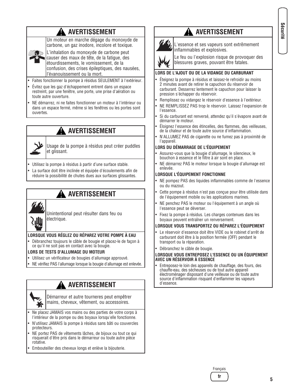 Avertissement | Briggs & Stratton 073017 User Manual | Page 53 / 72