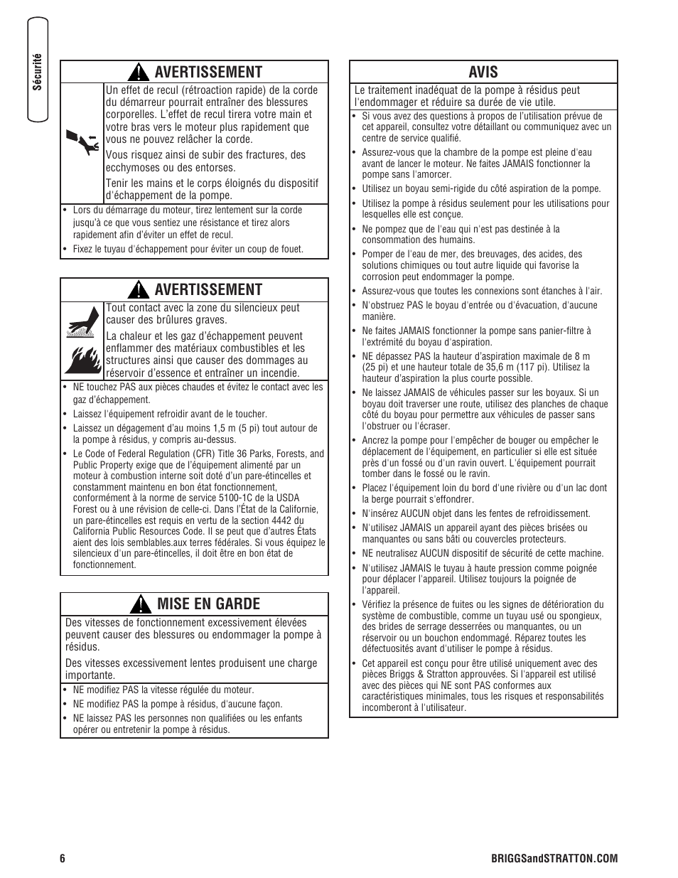 Avertissement, Mise en garde, Avis | Briggs & Stratton 073017 User Manual | Page 54 / 72