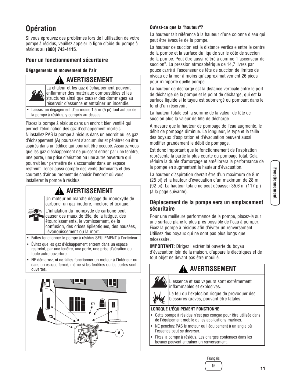 Opération, Avertissement | Briggs & Stratton 073017 User Manual | Page 59 / 72