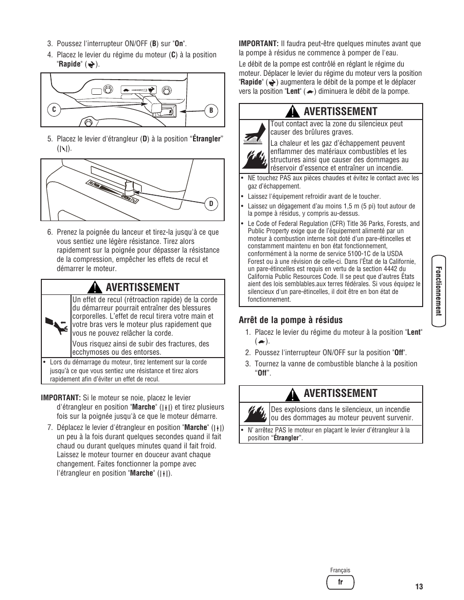 Avertissement | Briggs & Stratton 073017 User Manual | Page 61 / 72