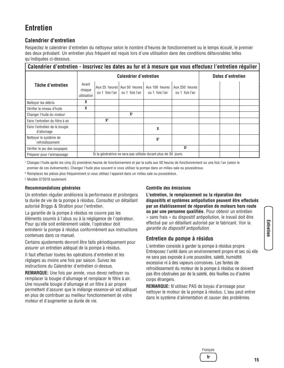 Entretien, Calendrier d'entretien, Entretien du pompe à résidus | Briggs & Stratton 073017 User Manual | Page 63 / 72