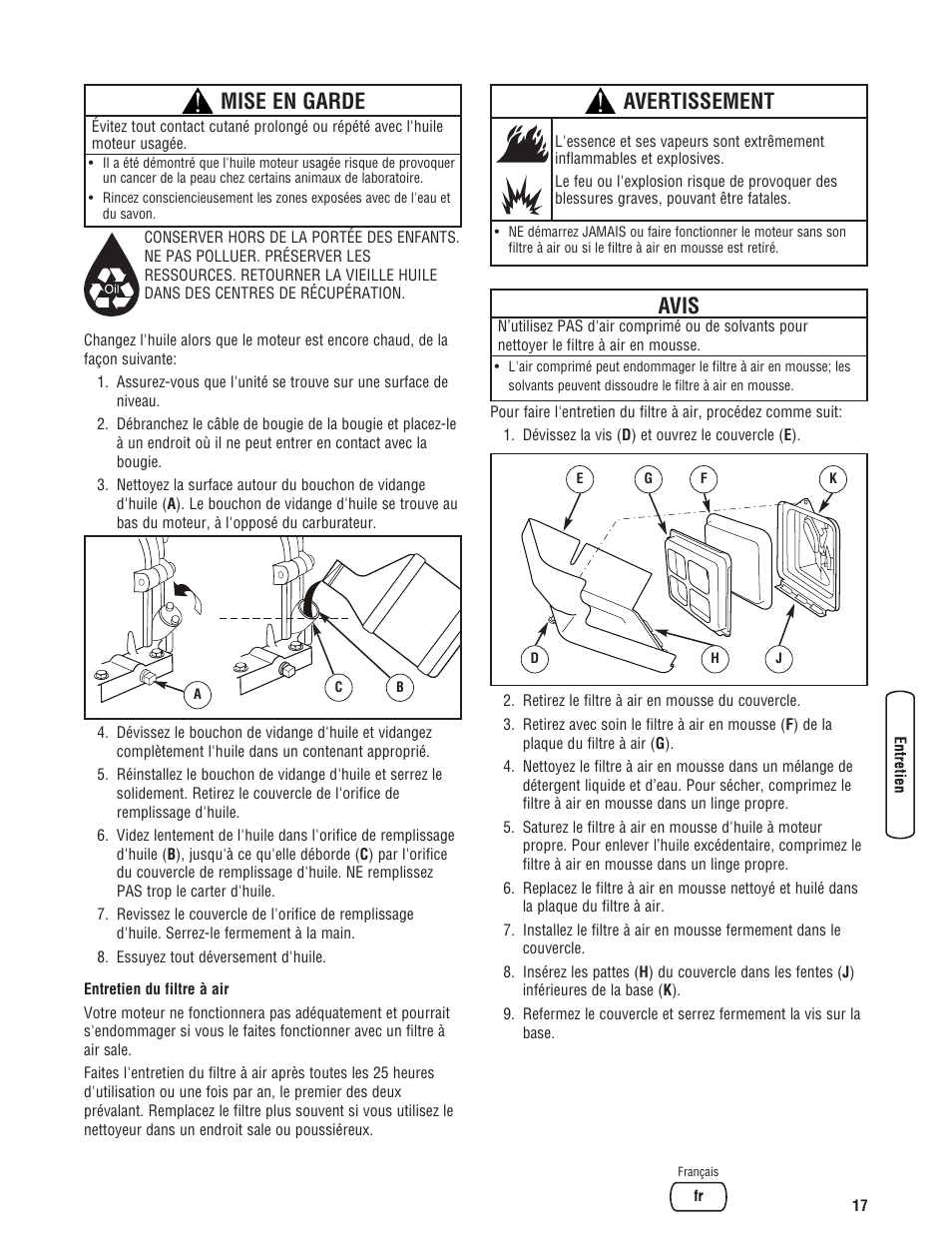 Avertissement, Avis, Mise en garde | Briggs & Stratton 073017 User Manual | Page 65 / 72