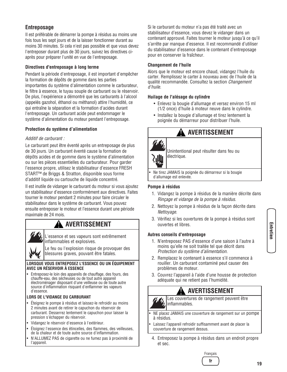 Avertissement | Briggs & Stratton 073017 User Manual | Page 67 / 72