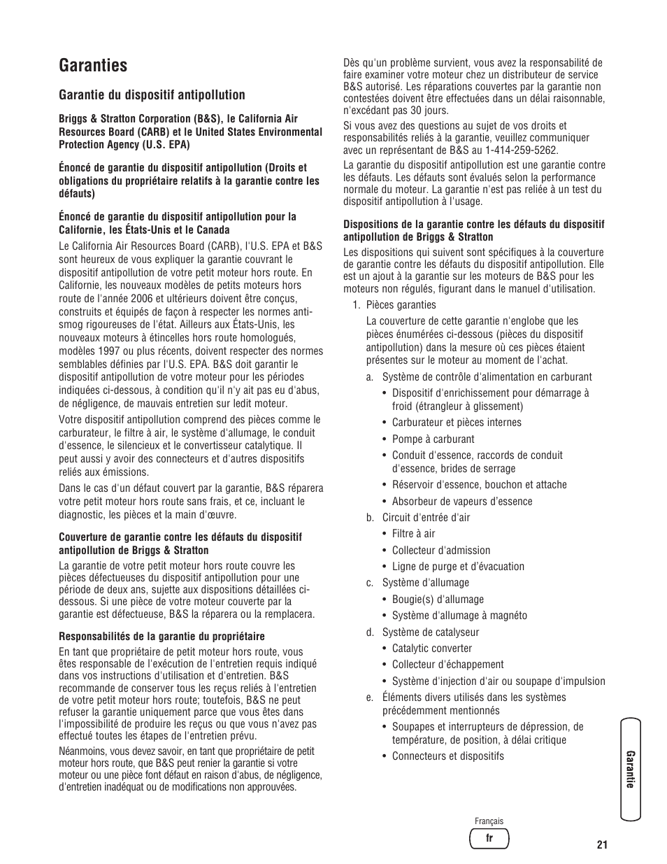 Garanties | Briggs & Stratton 073017 User Manual | Page 69 / 72