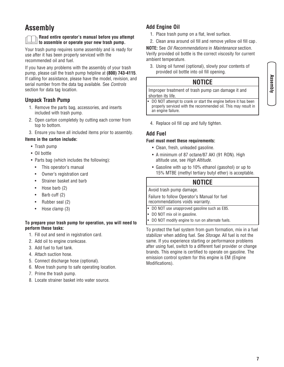 Montaje, Desembalaje de la bomba de r, Agregar aceite al motor | Agregue combustible, Assemblage, Déballage de la pompe à résidus, Ajoutez de l'huile à moteur, Ajoutez de l'essence, Assembly, Notice | Briggs & Stratton 073017 User Manual | Page 7 / 72
