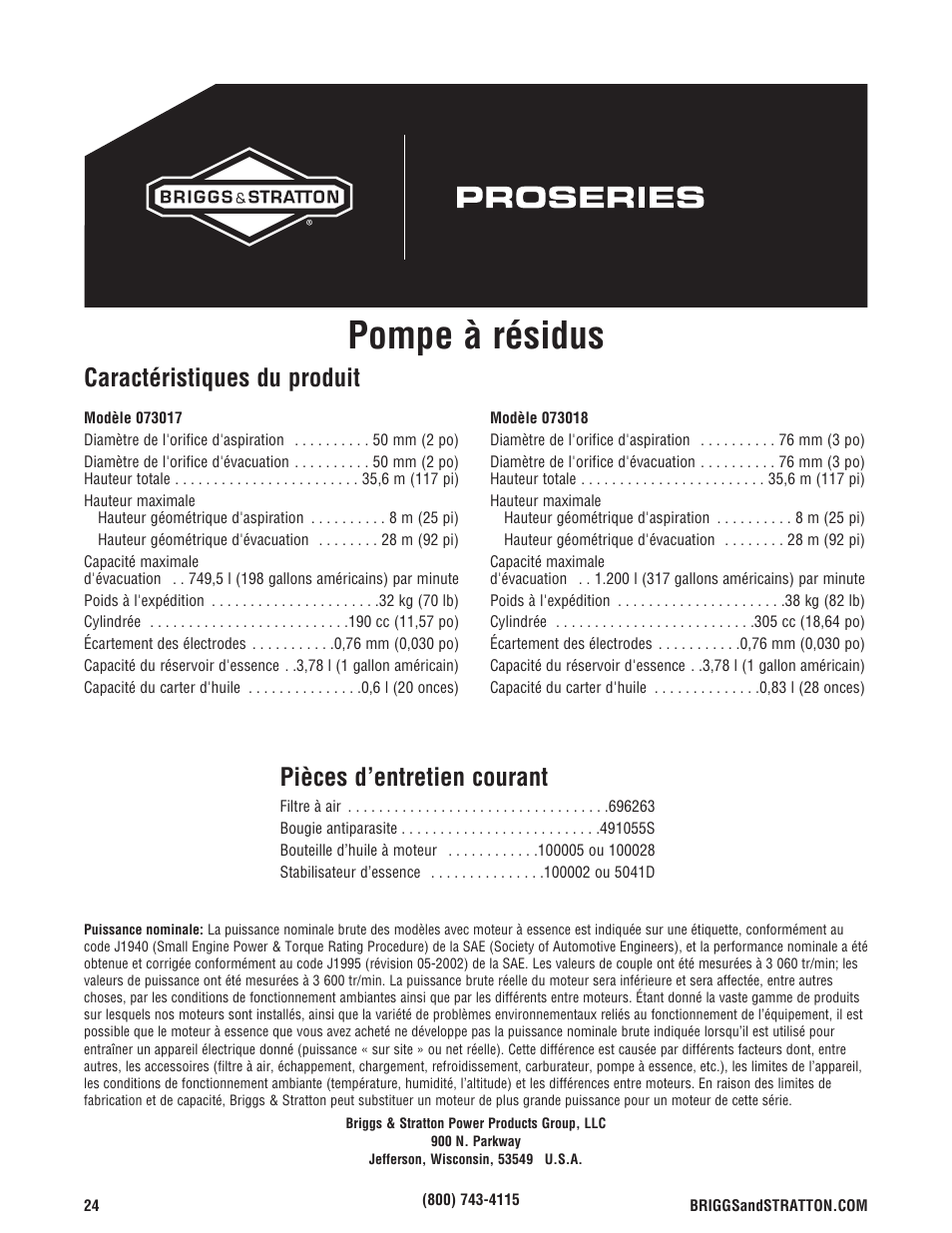Pompe à résidus, Caractéristiques du produit, Pièces d’entretien courant | Briggs & Stratton 073017 User Manual | Page 72 / 72