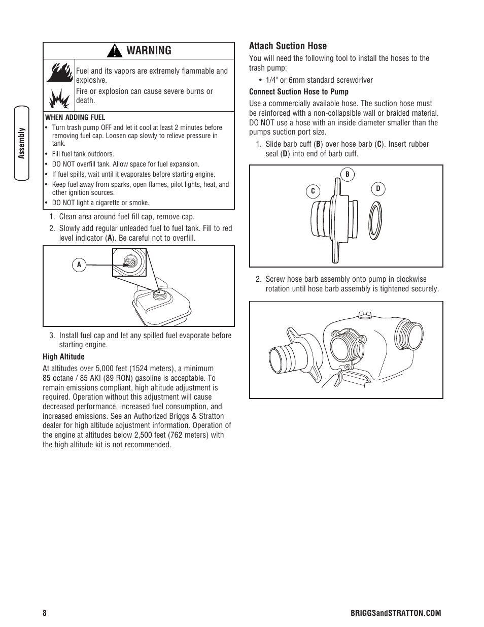 Fijación de la manguera de a, Conexión de la manguera de d, Fixation du boyau d'aspiration | Du boyau d'évacuation (facu, Warning | Briggs & Stratton 073017 User Manual | Page 8 / 72