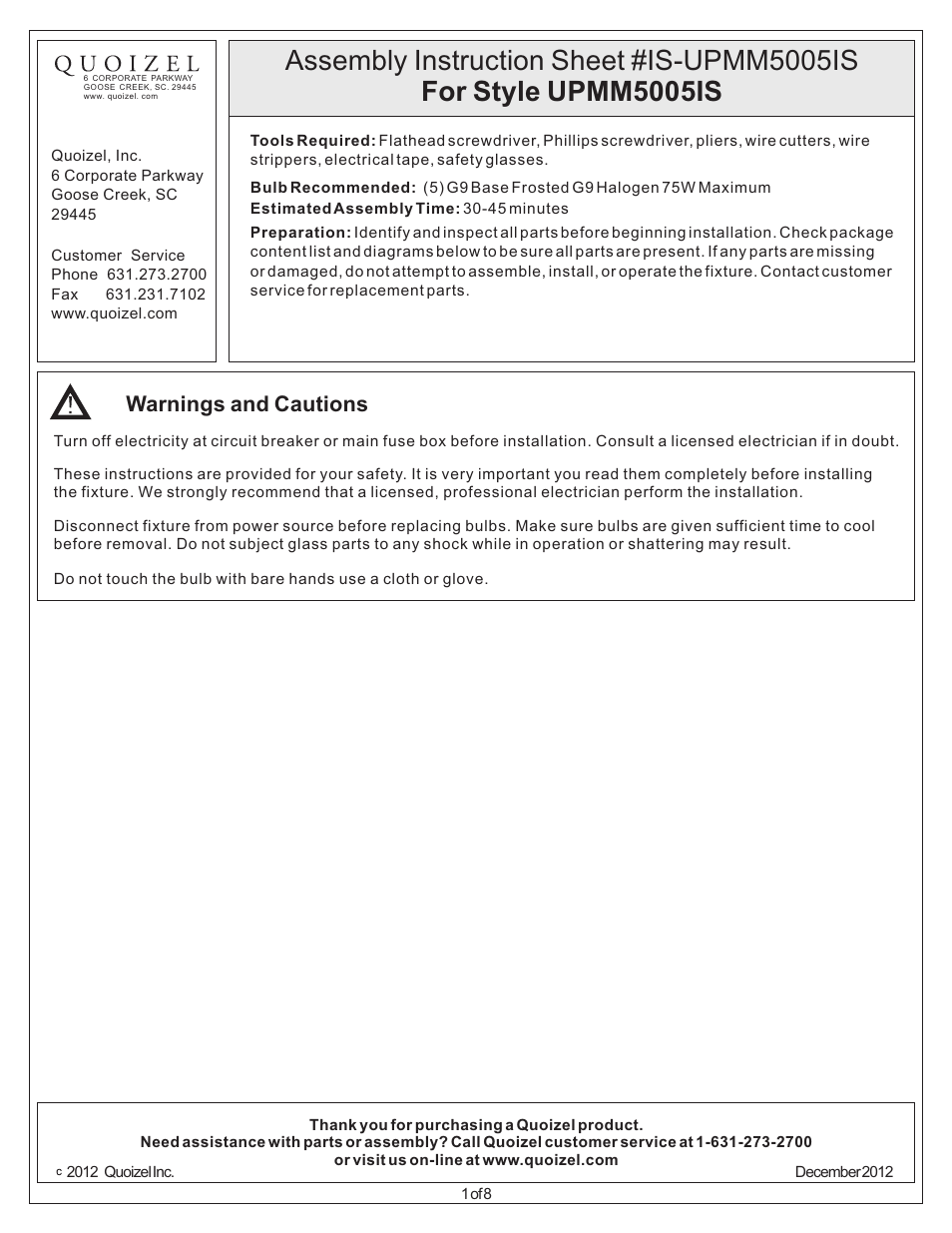 Quoizel UPMM5005IS Uptown Madison Manor User Manual | 8 pages