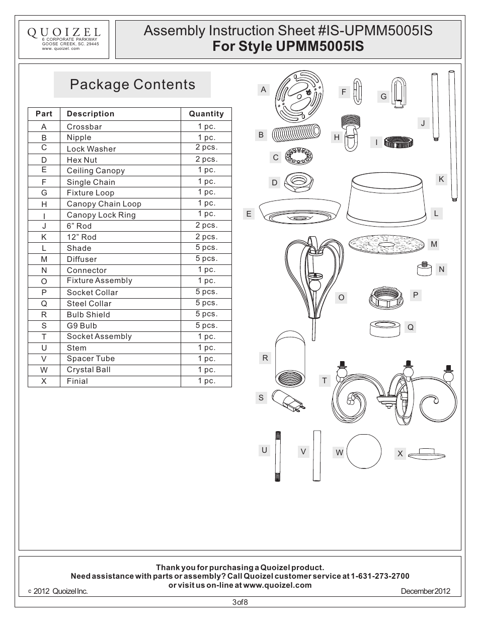 Package contents | Quoizel UPMM5005IS Uptown Madison Manor User Manual | Page 3 / 8