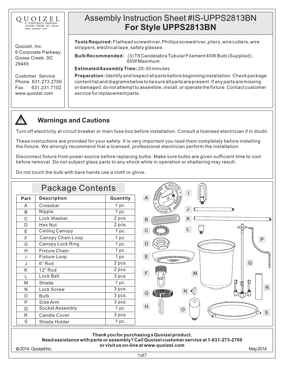 Quoizel UPPS2813BN Uptown Penn Station User Manual | 7 pages