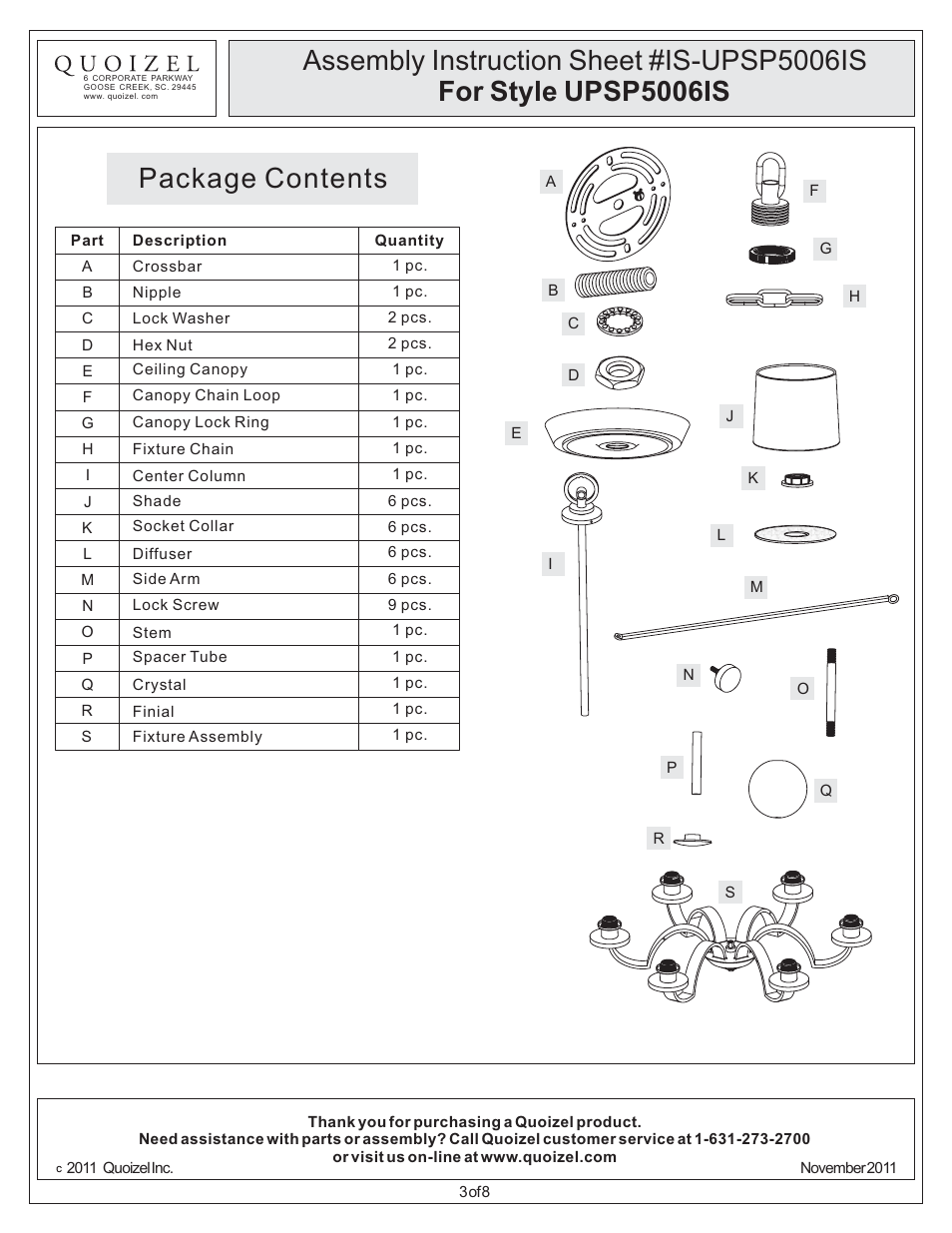 Package contents | Quoizel UPSP5006IS Uptown Sutton Place User Manual | Page 3 / 8