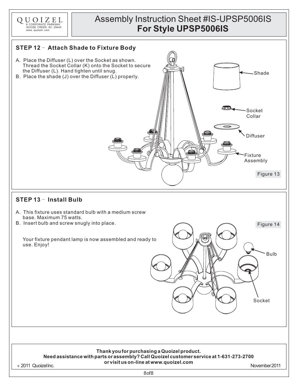 Quoizel UPSP5006IS Uptown Sutton Place User Manual | Page 8 / 8