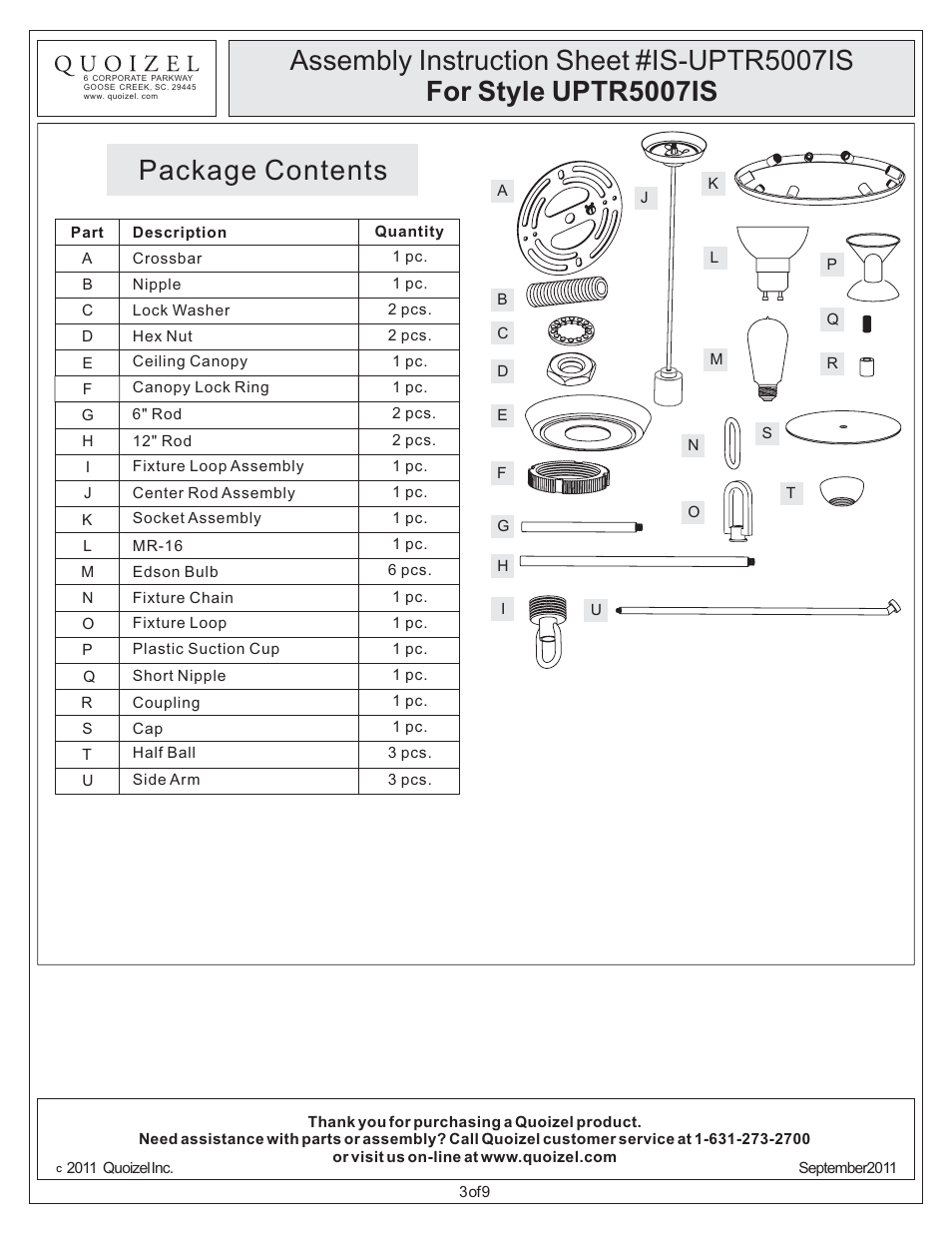 Package contents | Quoizel UPTR5007IS Uptown Theater Row User Manual | Page 3 / 9