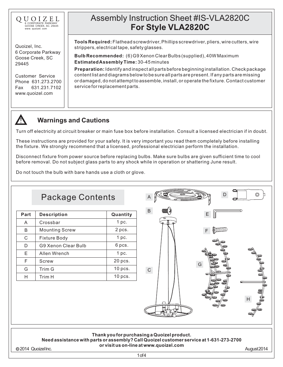 Quoizel VLA2820C Valla User Manual | 4 pages