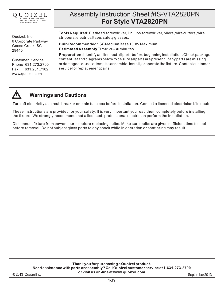 Quoizel VTA2820PN Ventura User Manual | 9 pages