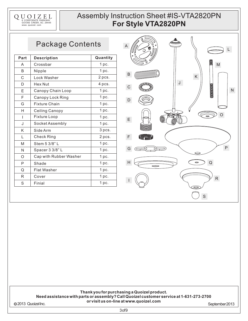 Package contents | Quoizel VTA2820PN Ventura User Manual | Page 3 / 9