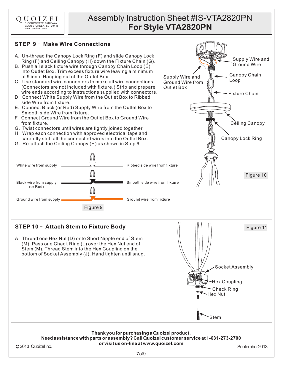 Step 9 - make wire connections, Step 10 - attach stem to fixture body | Quoizel VTA2820PN Ventura User Manual | Page 7 / 9