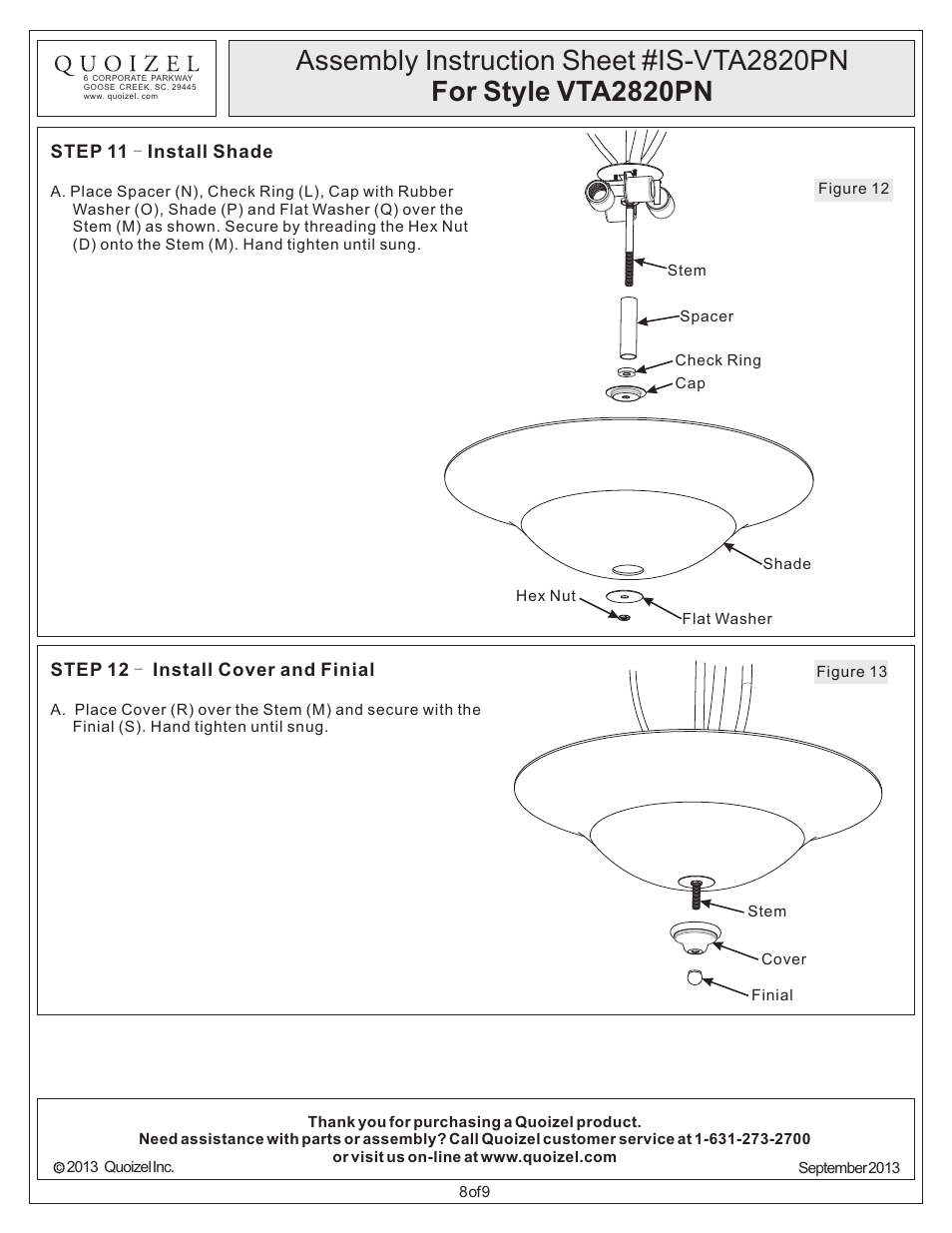 Quoizel VTA2820PN Ventura User Manual | Page 8 / 9