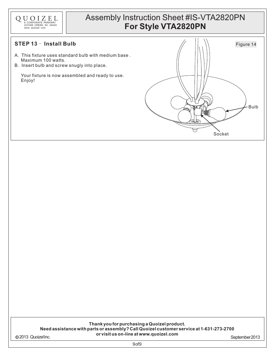 Quoizel VTA2820PN Ventura User Manual | Page 9 / 9