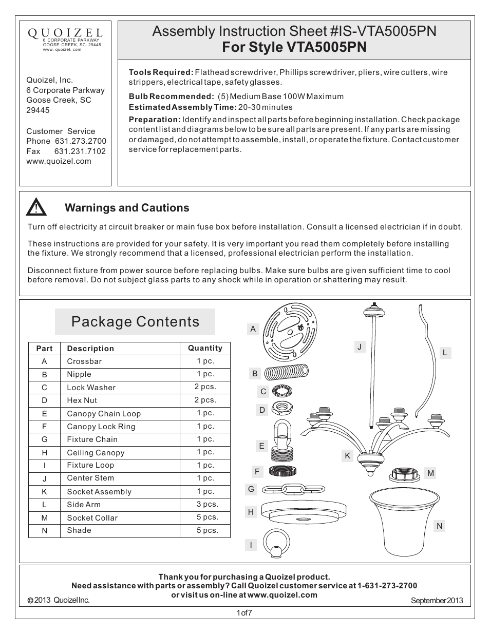 Quoizel VTA5005PN Ventura User Manual | 7 pages