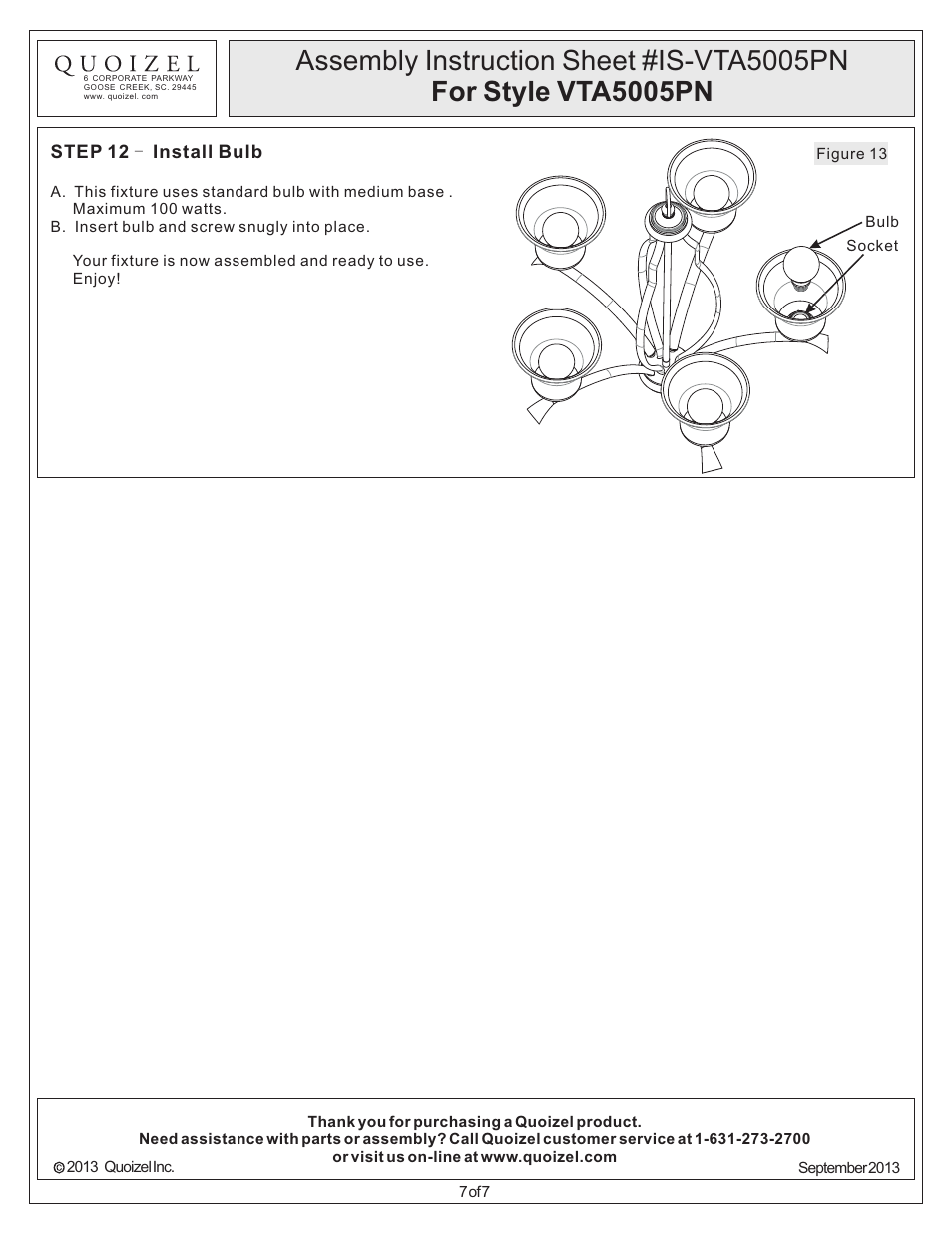 Quoizel VTA5005PN Ventura User Manual | Page 7 / 7