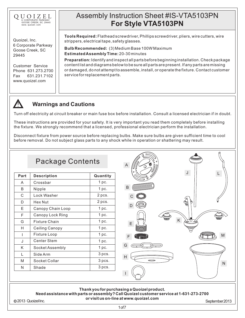 Quoizel VTA5103PN Ventura User Manual | 7 pages