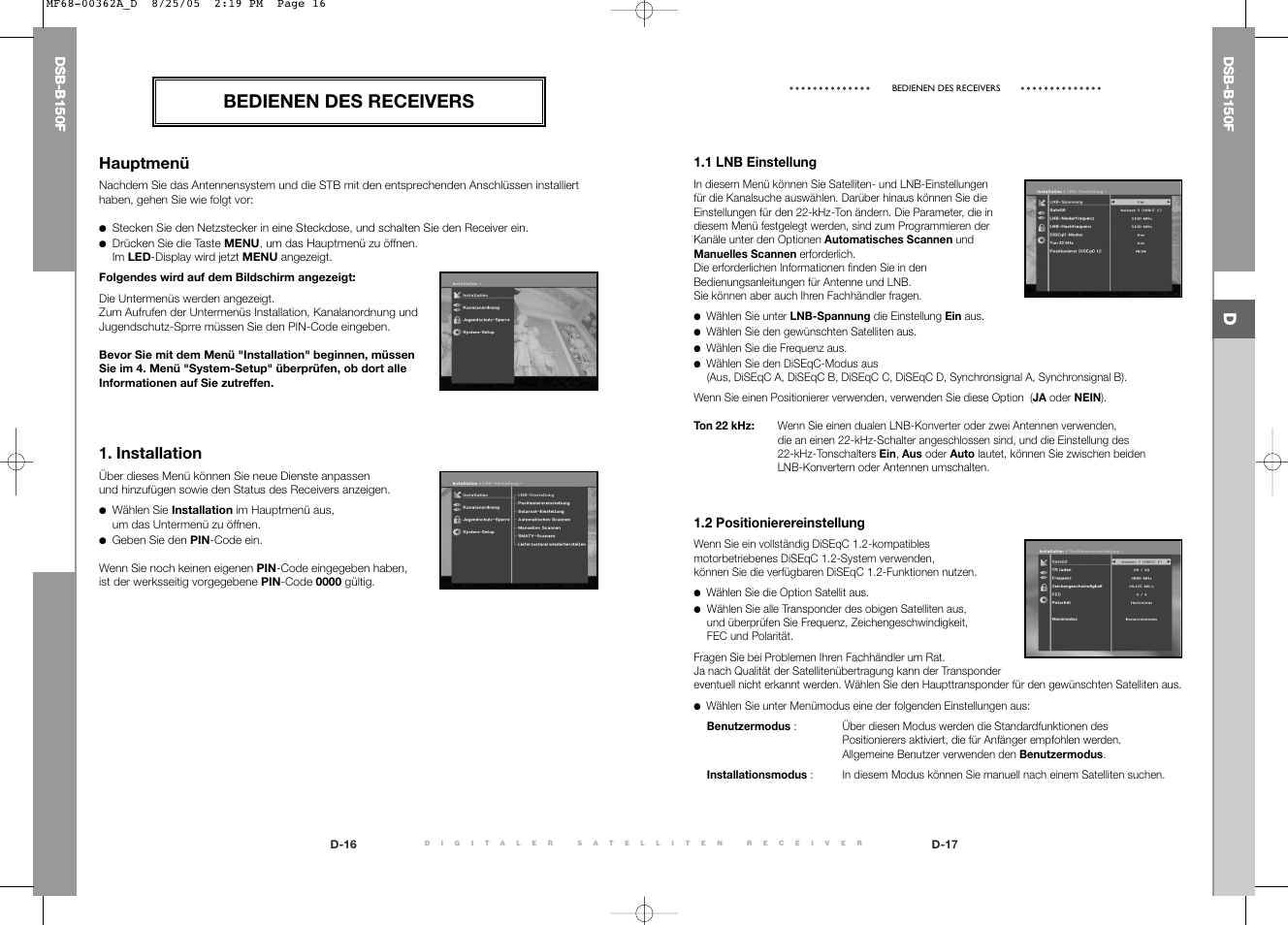 Bedienen des receivers, Hauptmenü, Installation | Samsung DSB-B150F User Manual | Page 12 / 110