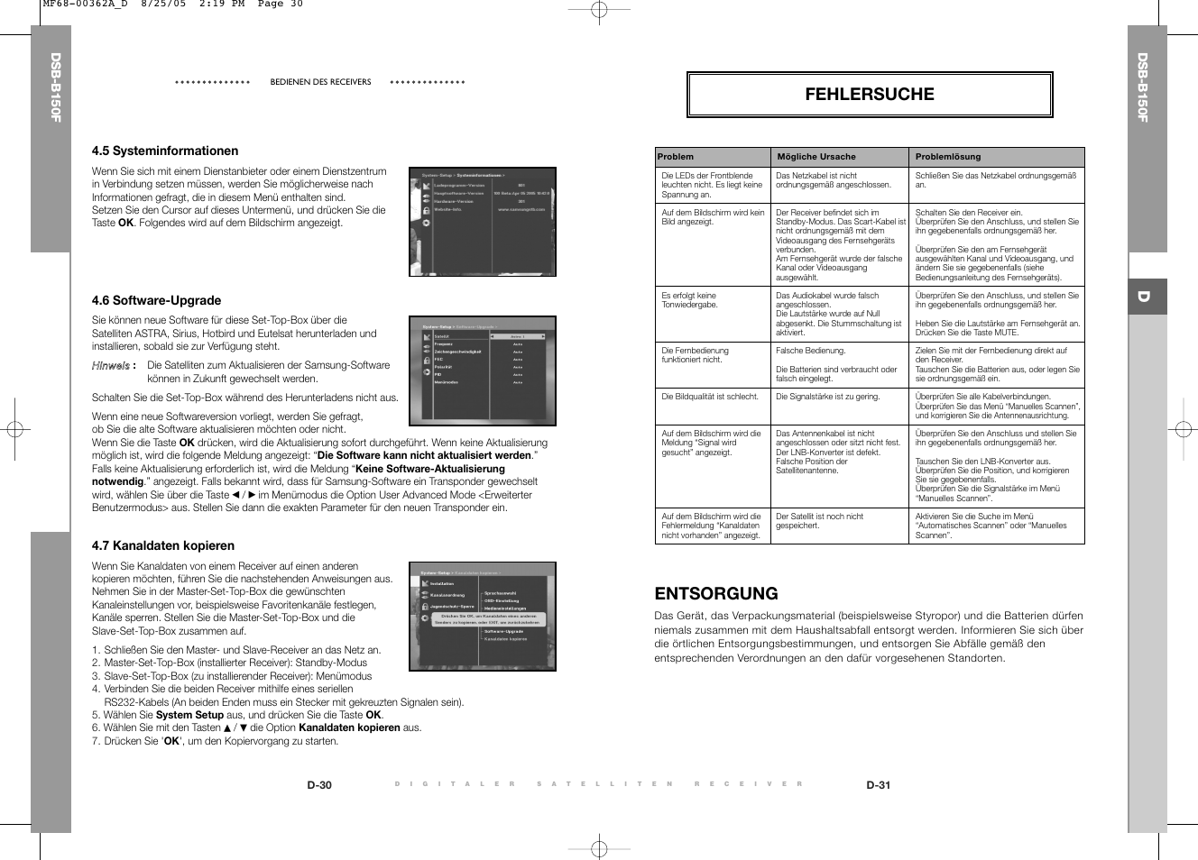 Fehlersuche, Entsorgung | Samsung DSB-B150F User Manual | Page 19 / 110
