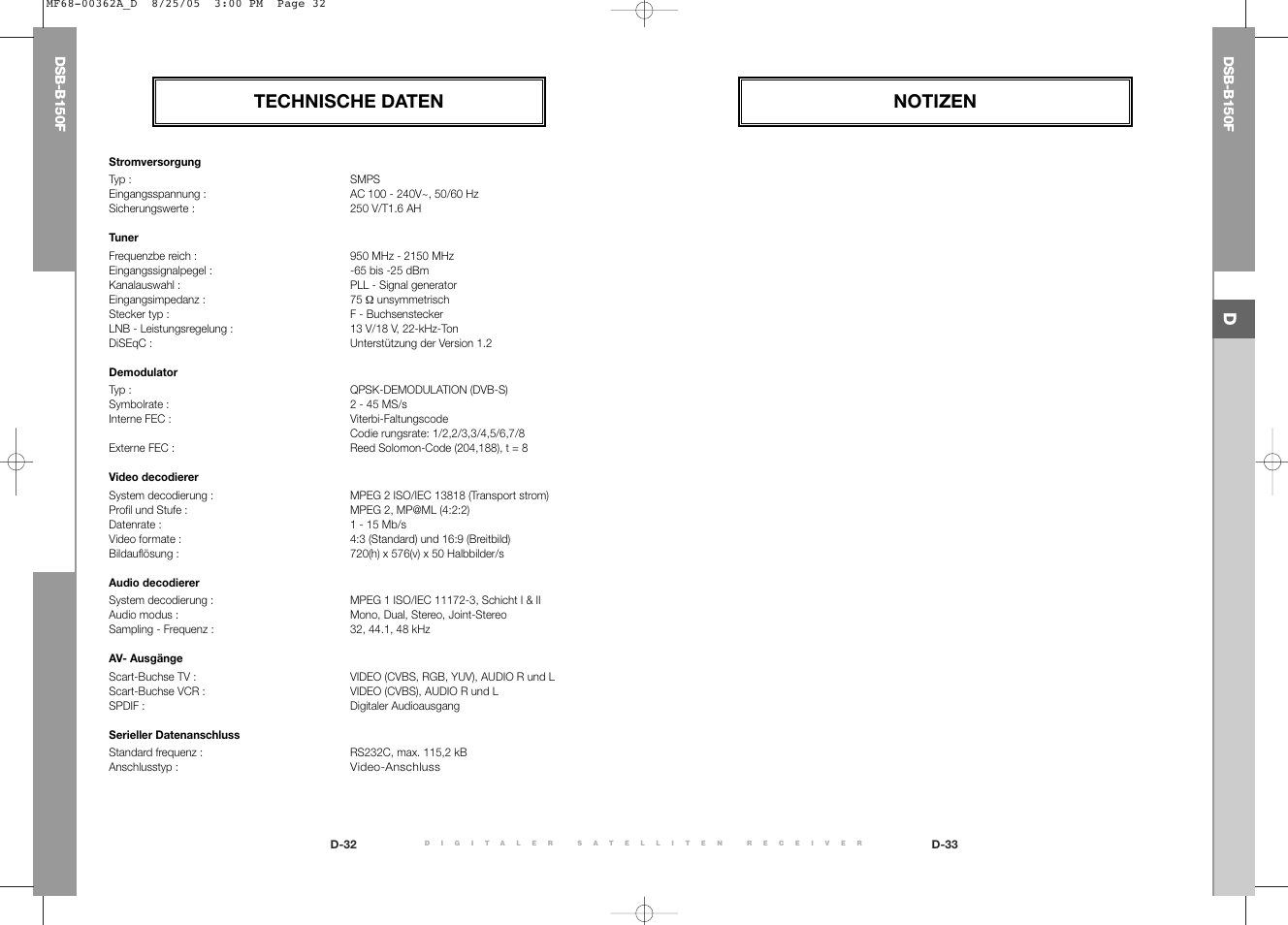 Technische daten, Notizen | Samsung DSB-B150F User Manual | Page 20 / 110