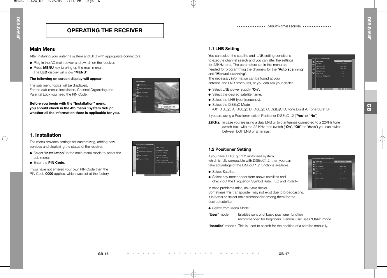 Operating the receiver, Main menu, Installation | Samsung DSB-B150F User Manual | Page 30 / 110