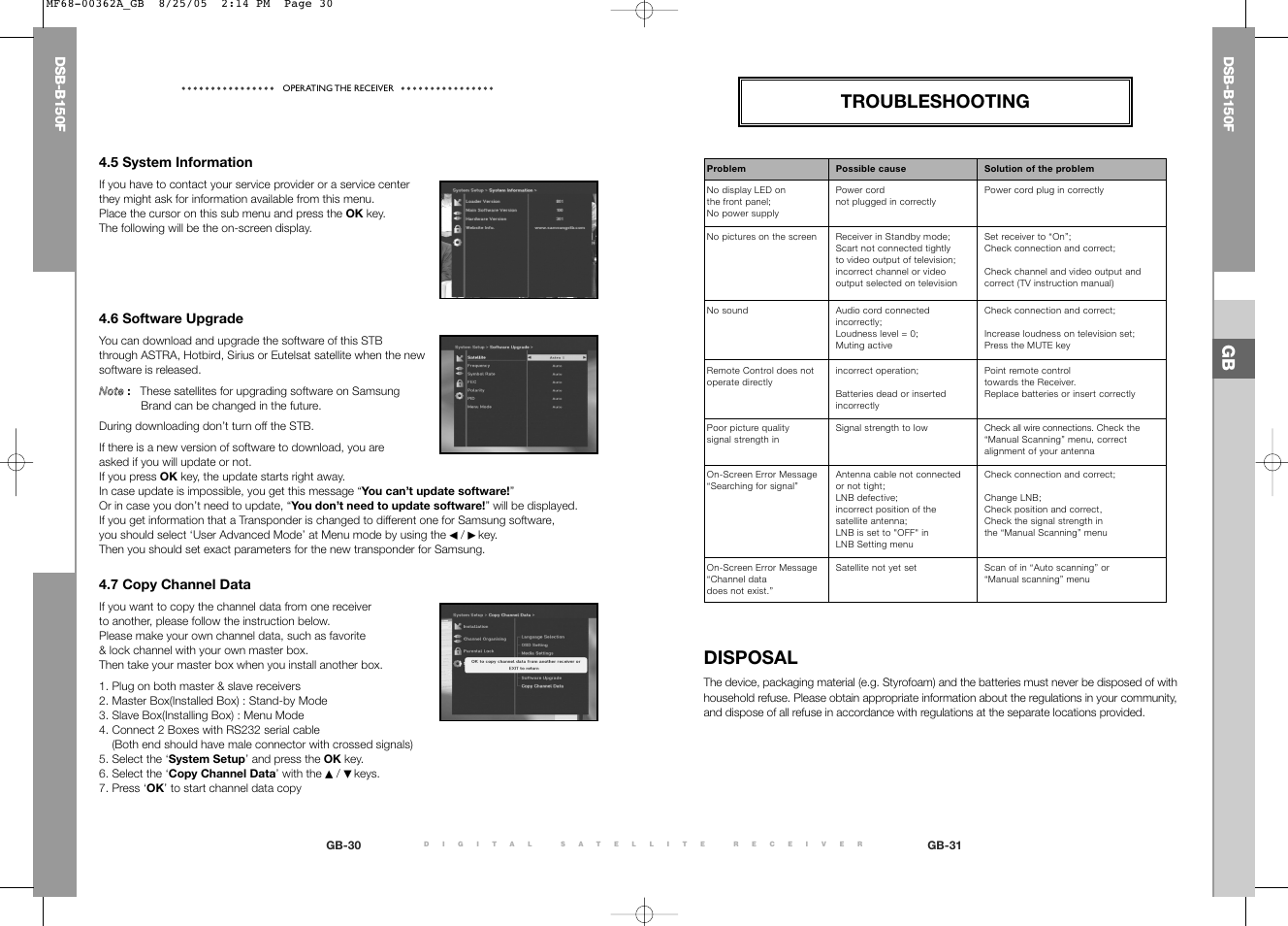 Disposal troubleshooting, Dsb-b150f, 6 software upgrade | 7 copy channel data | Samsung DSB-B150F User Manual | Page 37 / 110