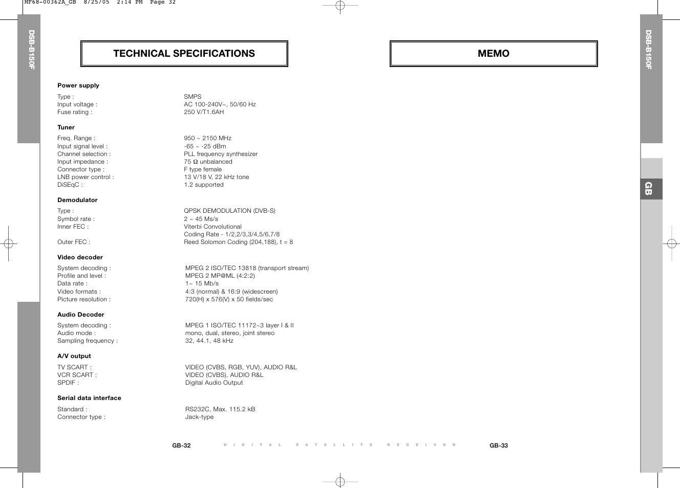 Technical specifications | Samsung DSB-B150F User Manual | Page 38 / 110